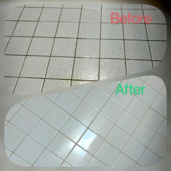 Before and after tile grout cleaning showing dirty grout restored to clean white floor tiles