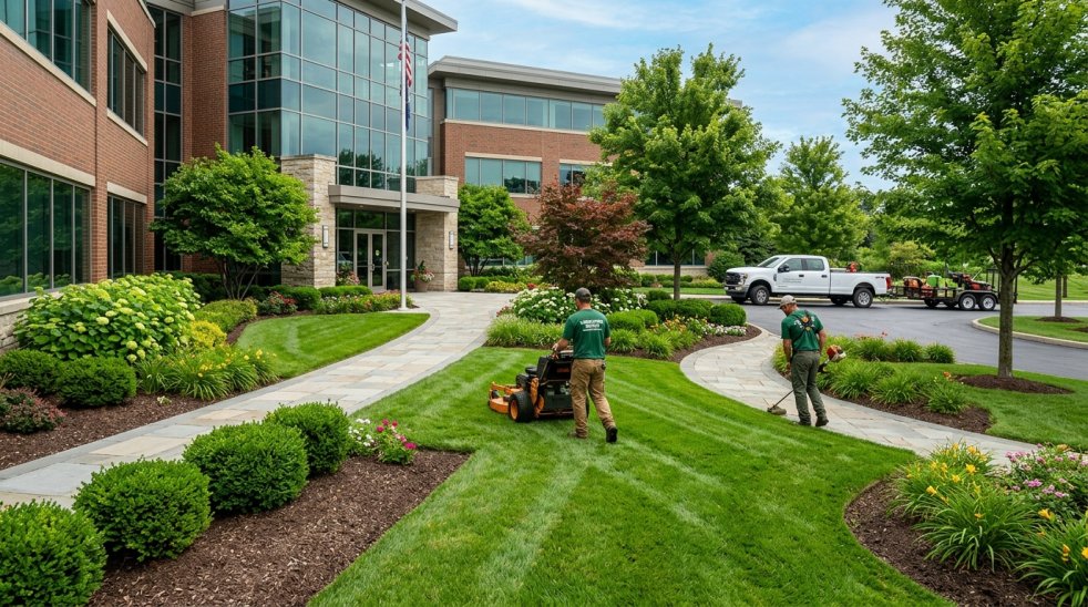 Landscaping crew mowing and trimming lawn around landscaped office building with trees, shrubs, and flower beds